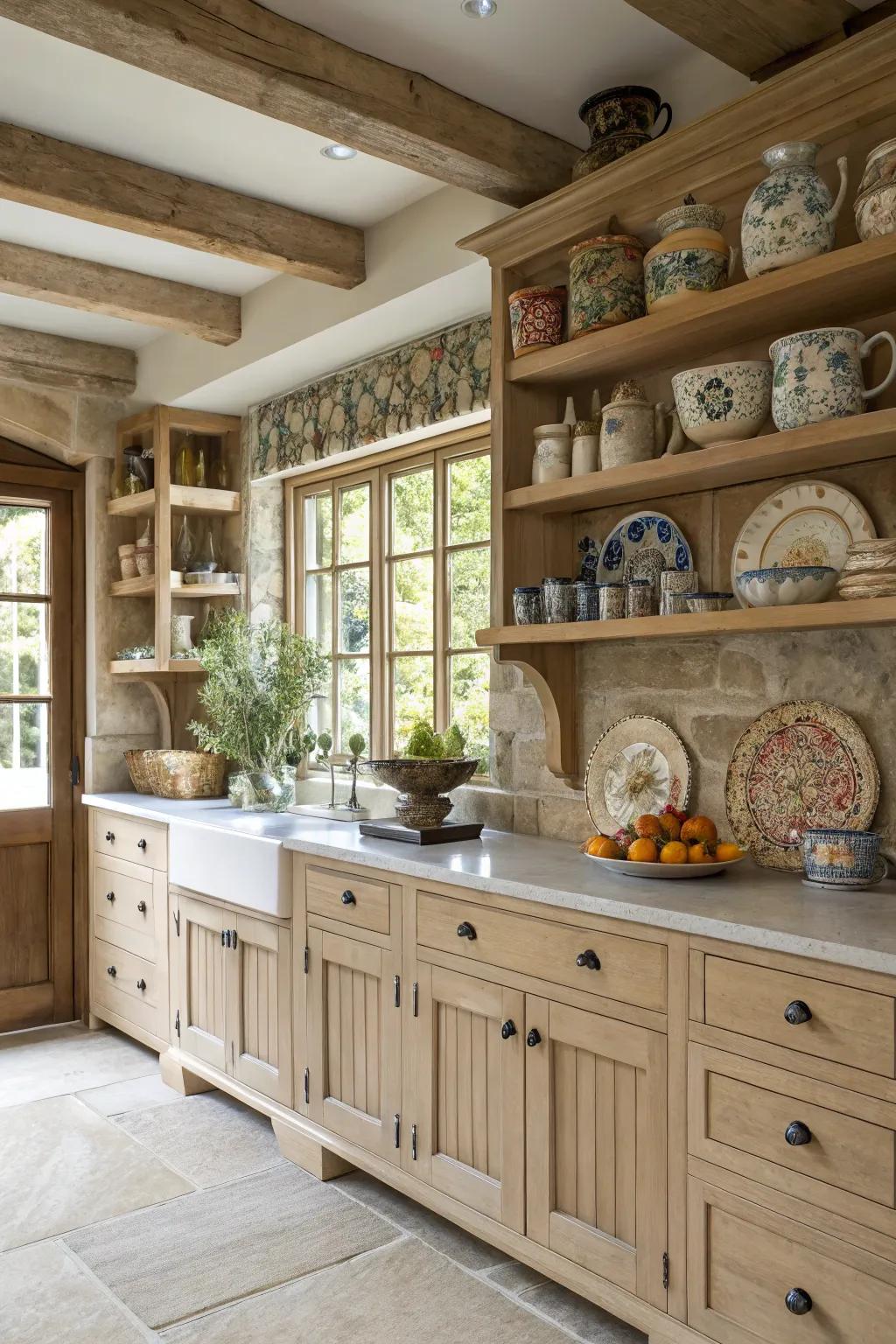 Open shelving paired with light wood cabinets creates a spacious feel.