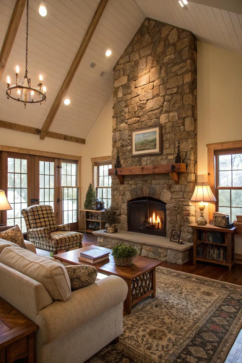 A stone fireplace functions as the comfortable point of focus in this country house family room.