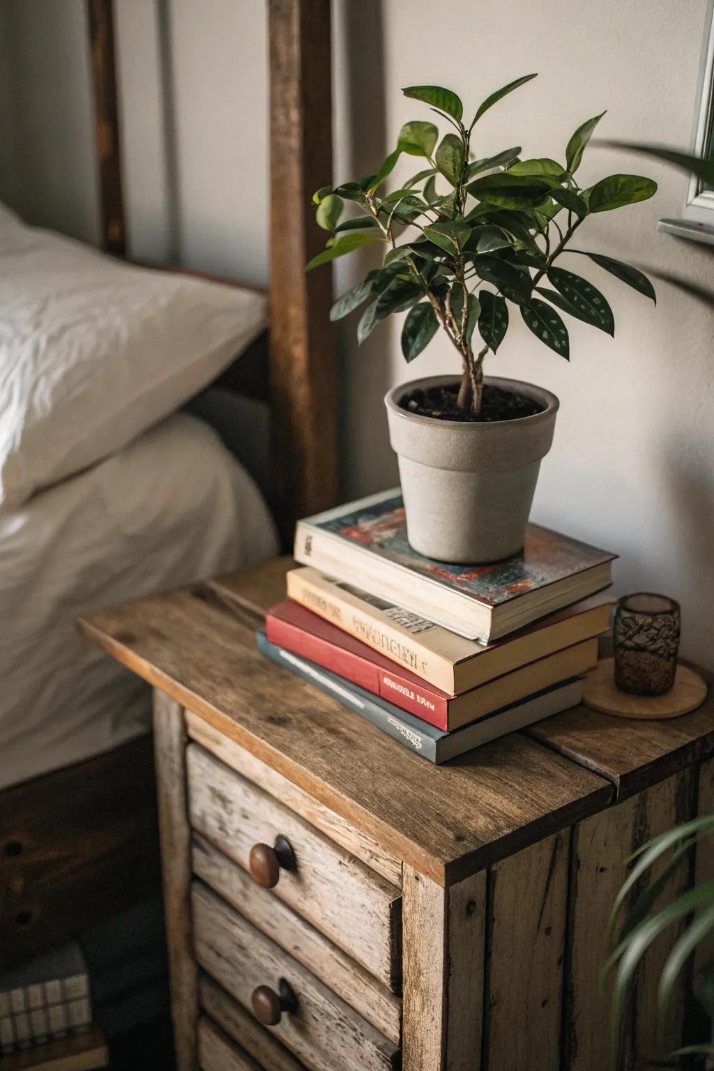 Foliage adds freshness to the nightstand decor.