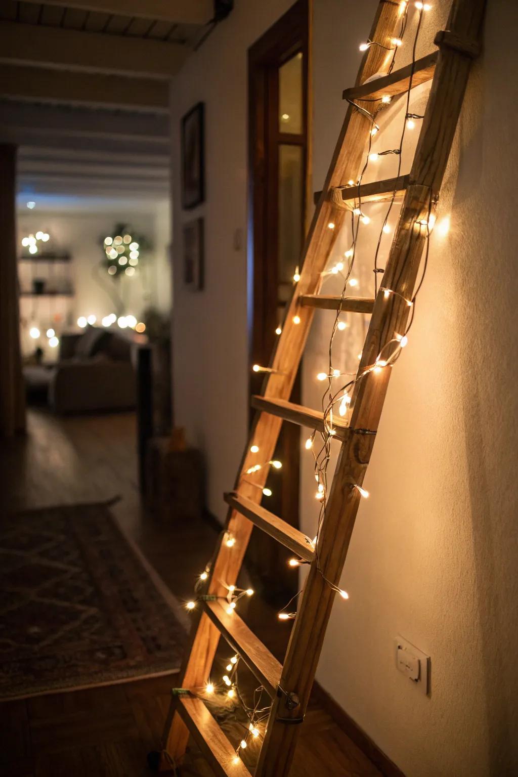 String lights create a magical lighting effect on a ladder