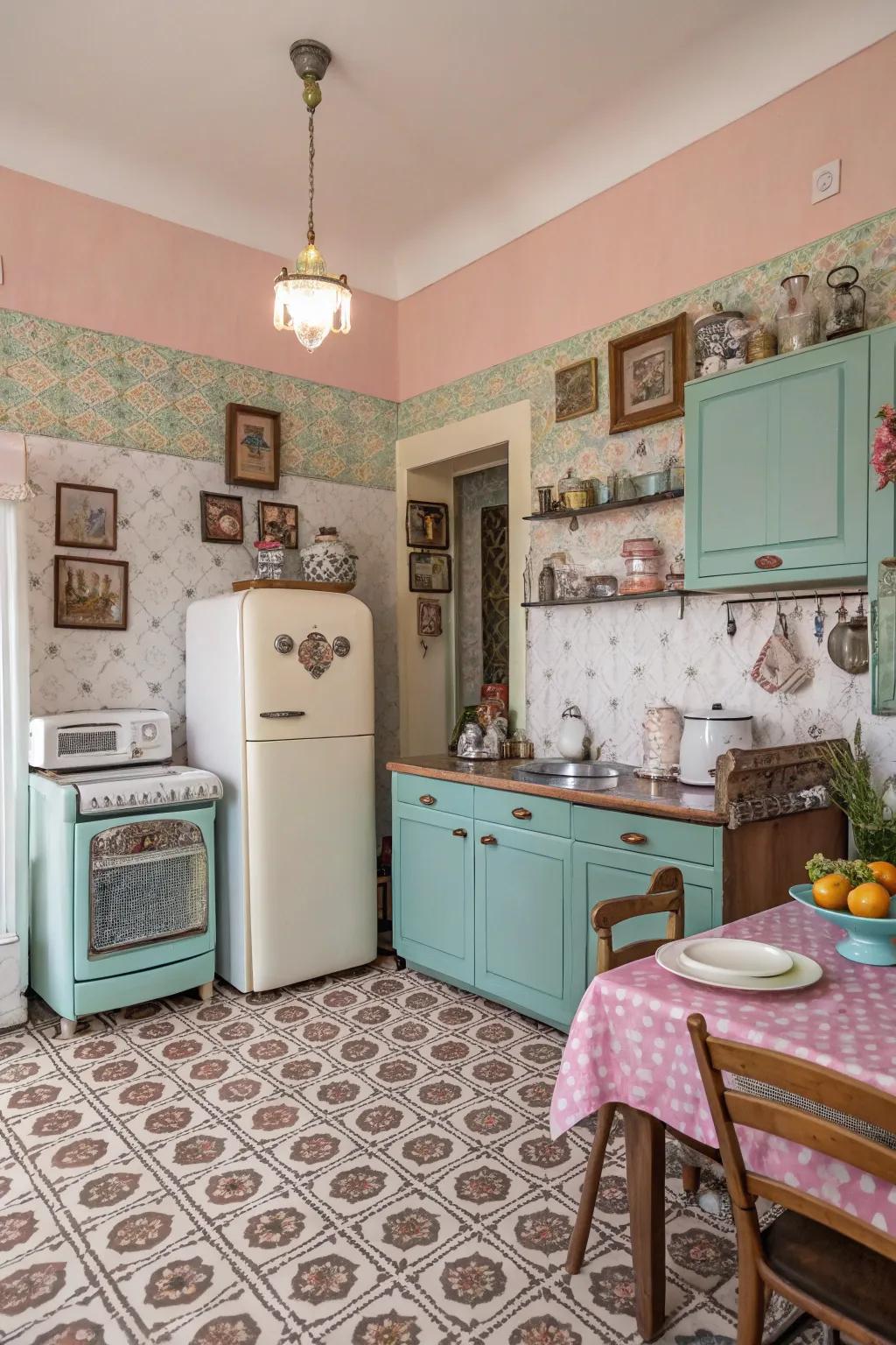 Subdued pastels brighten up this farmhouse-inspired cooking area.