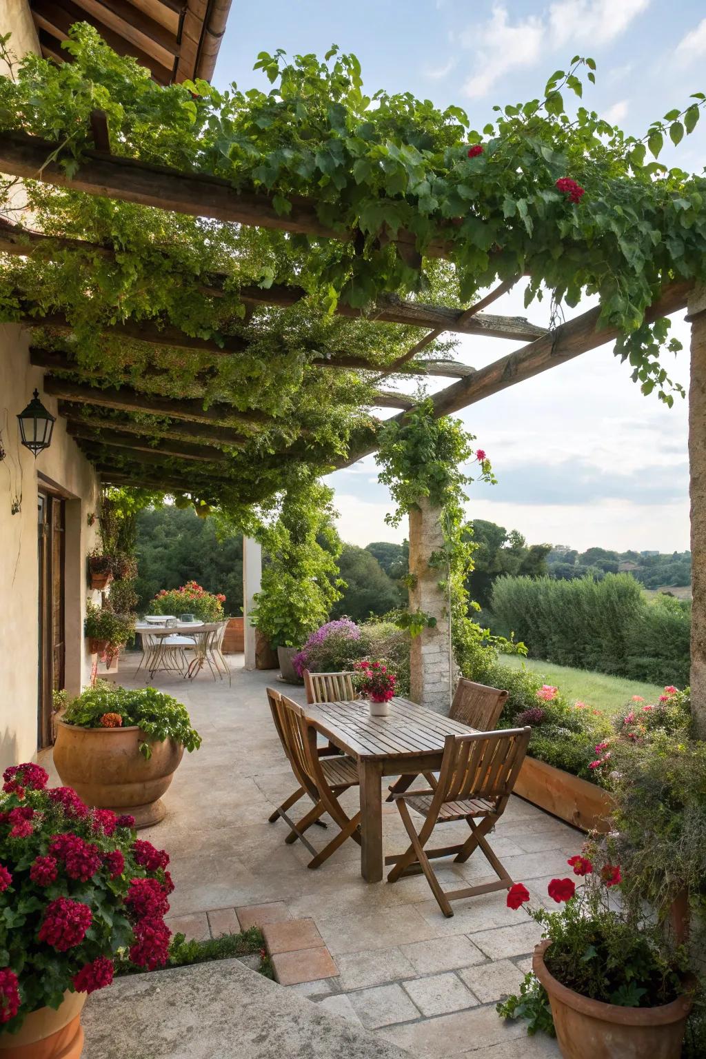 A pergola decked out in plants turns your patio into a scenic shaded area.