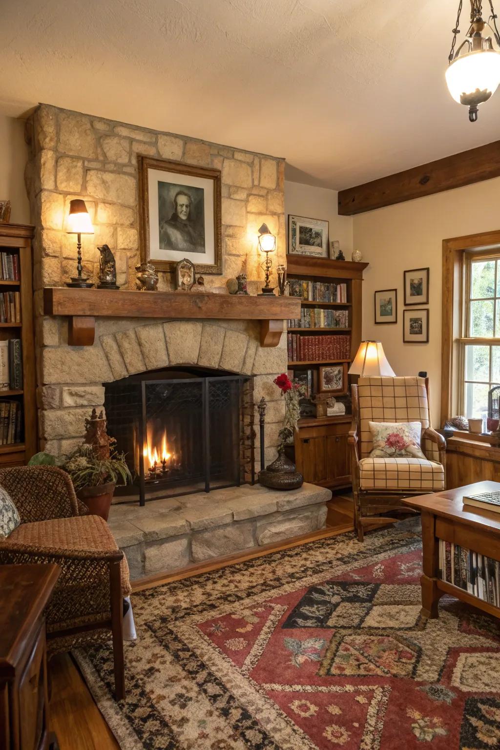 A warm fireplace, the focal point of a farmhouse.