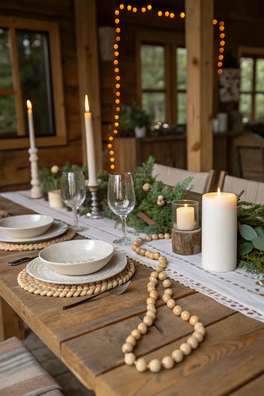 Wood bead garland as a centerpiece on a rustic table setting.