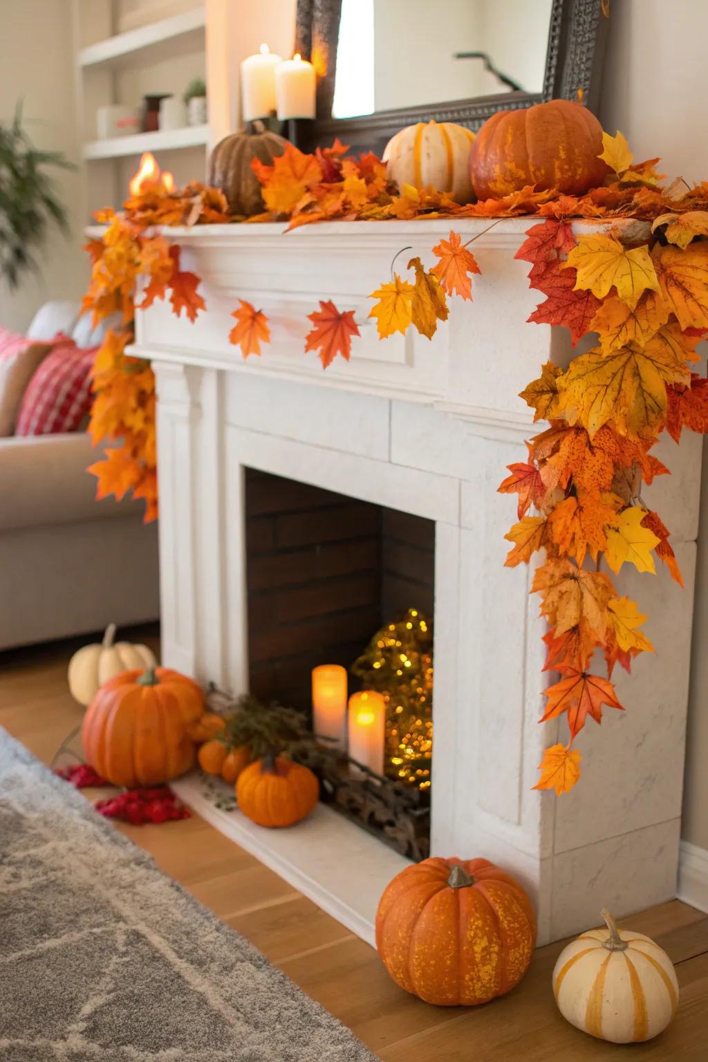 An imitation fireplace enhanced with fall ornaments for seasonal interest.