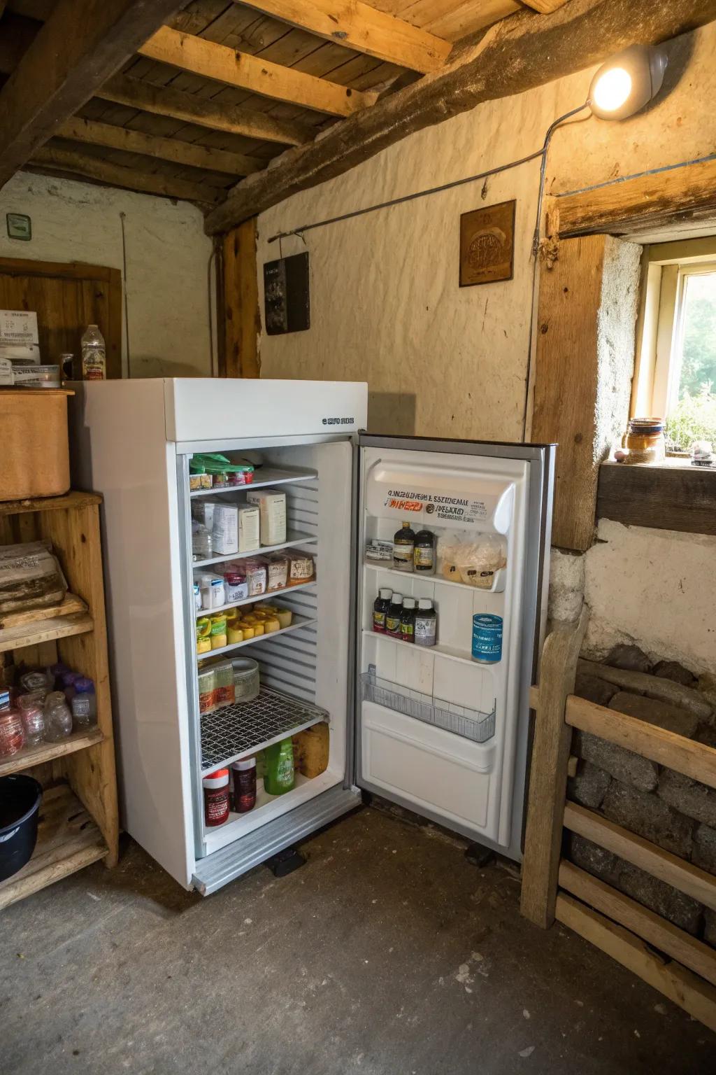 A mini fridge ensures perishables are always fresh and available.