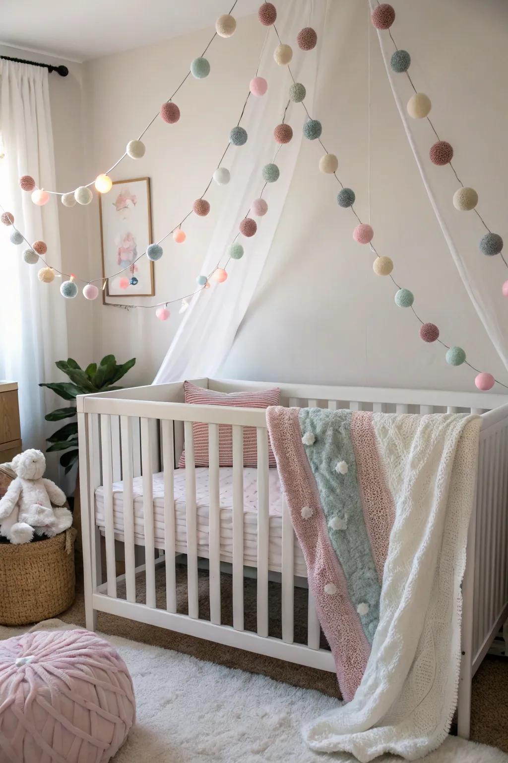 Pastel felt ball garlands cultivate a serene and charming ambiance in nurseries.