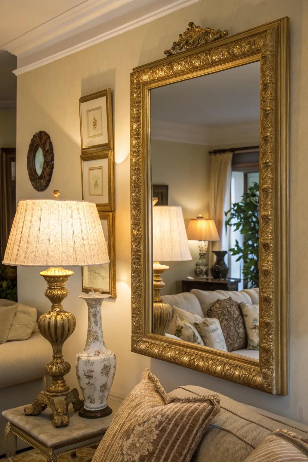 A stylish living room featuring a gilded-edged looking glass and matching lamps.