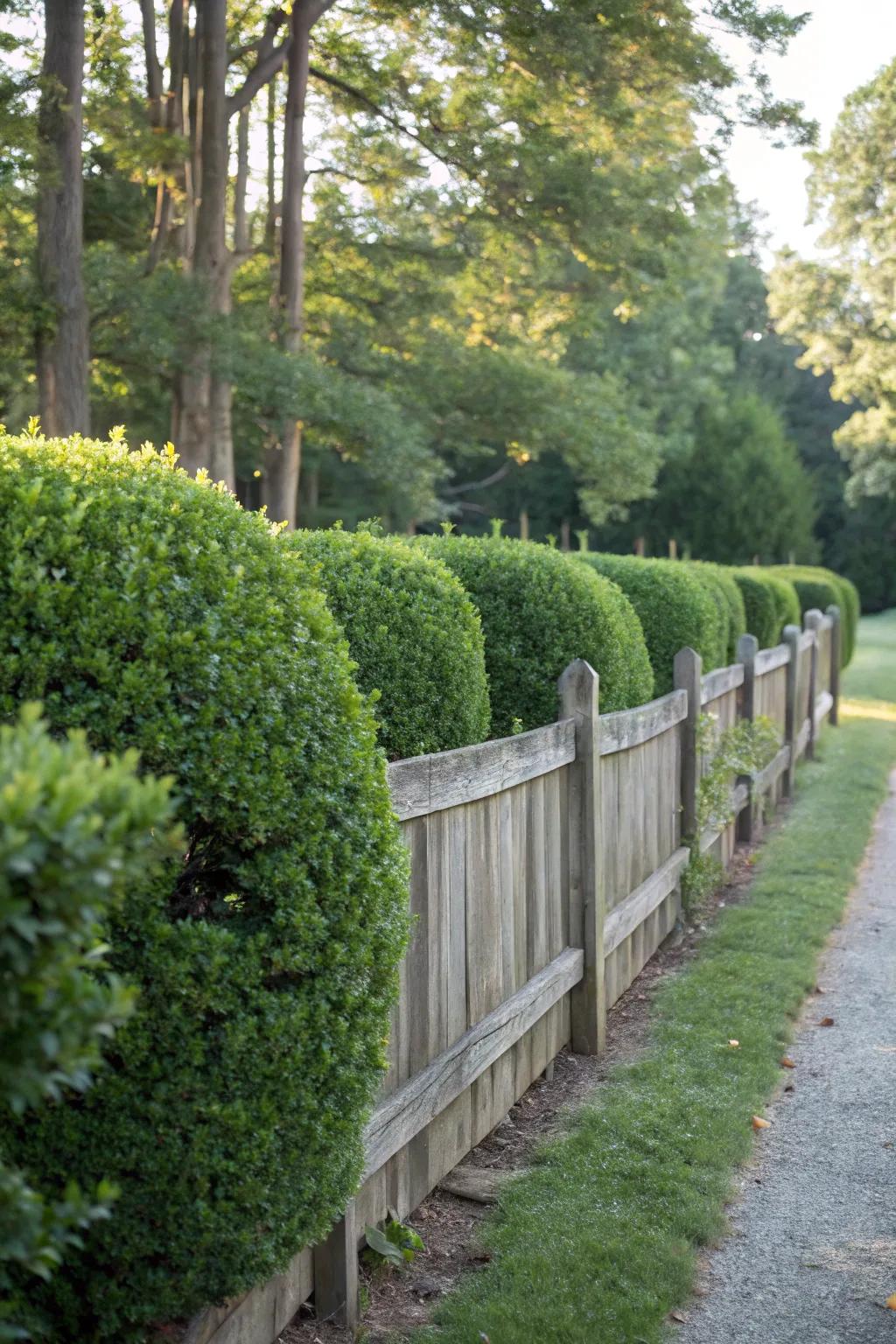 A hedged wall provides privacy and year-round verdure.