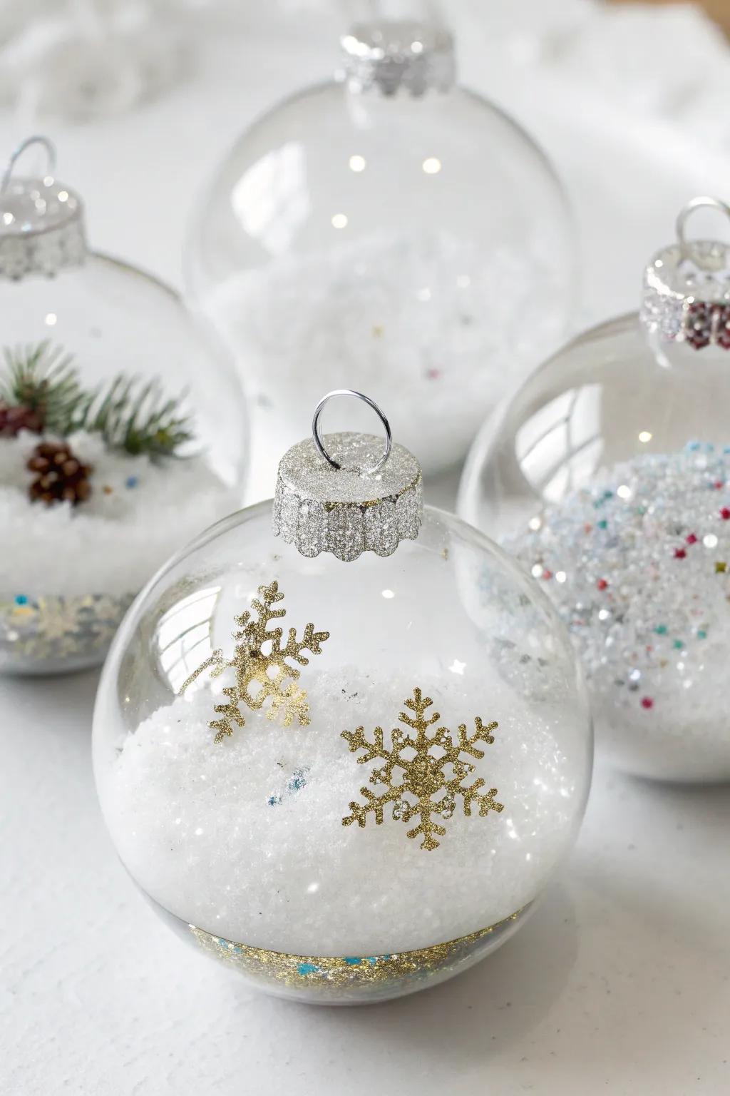 Mini snow globe ornaments brimming with artificial snow and sparkles.