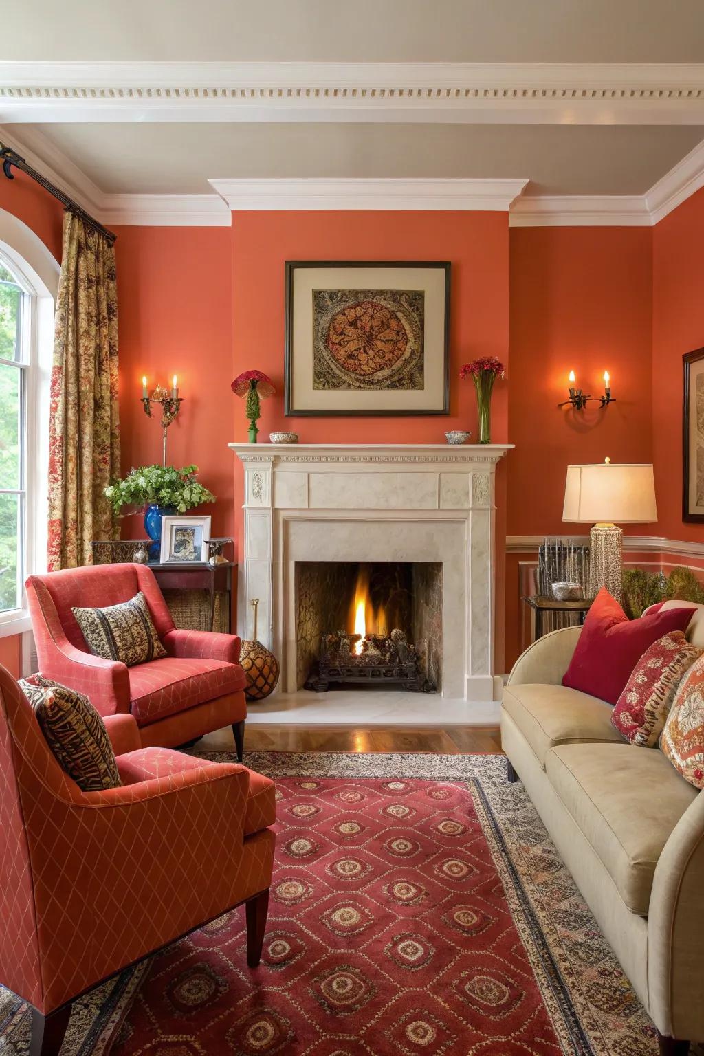 A lively living room with bold accent colors around the fireplace alcove.