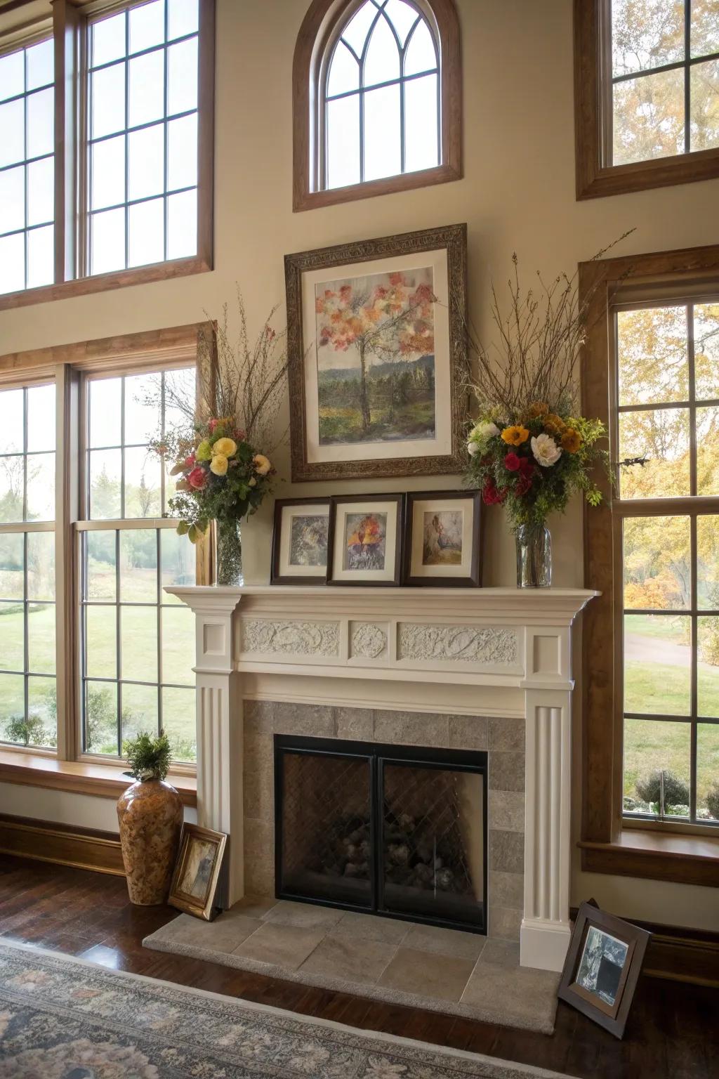 An artistic presentation on the mantel, beautifully accentuated by surrounding windows.