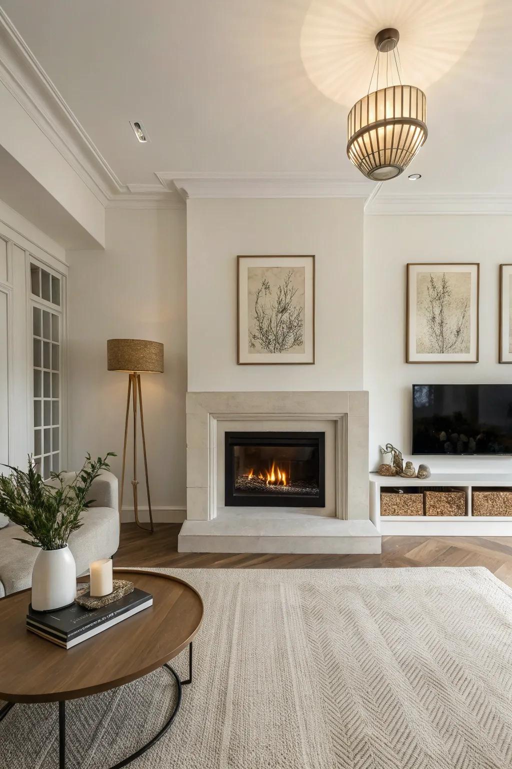 A simple strategy, emphasizing the fireplace’s beauty.