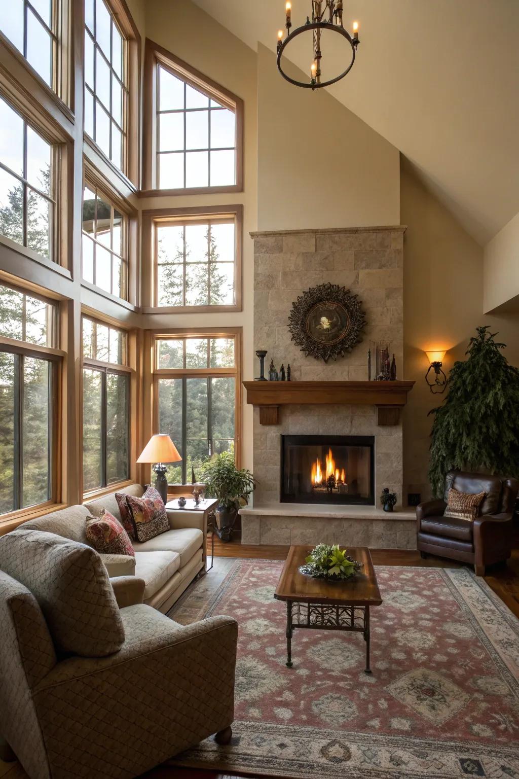 A snug living space featuring a central fireplace and plenty of natural light filtering in through big windows.