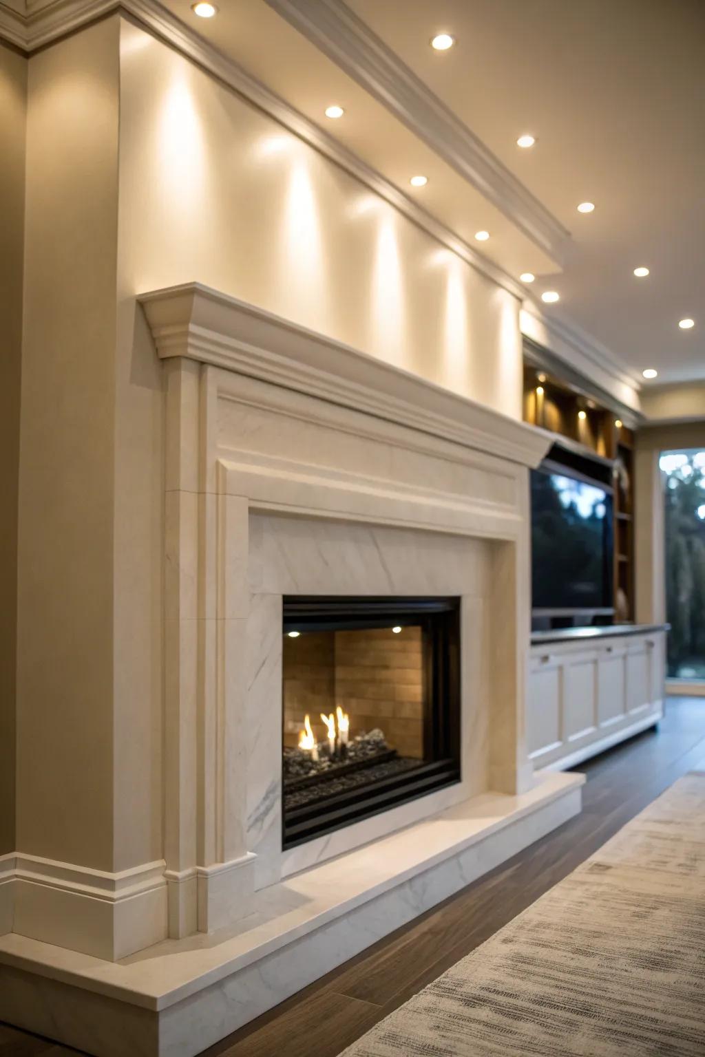 Recessed lighting adds refined beauty to the fireplace.