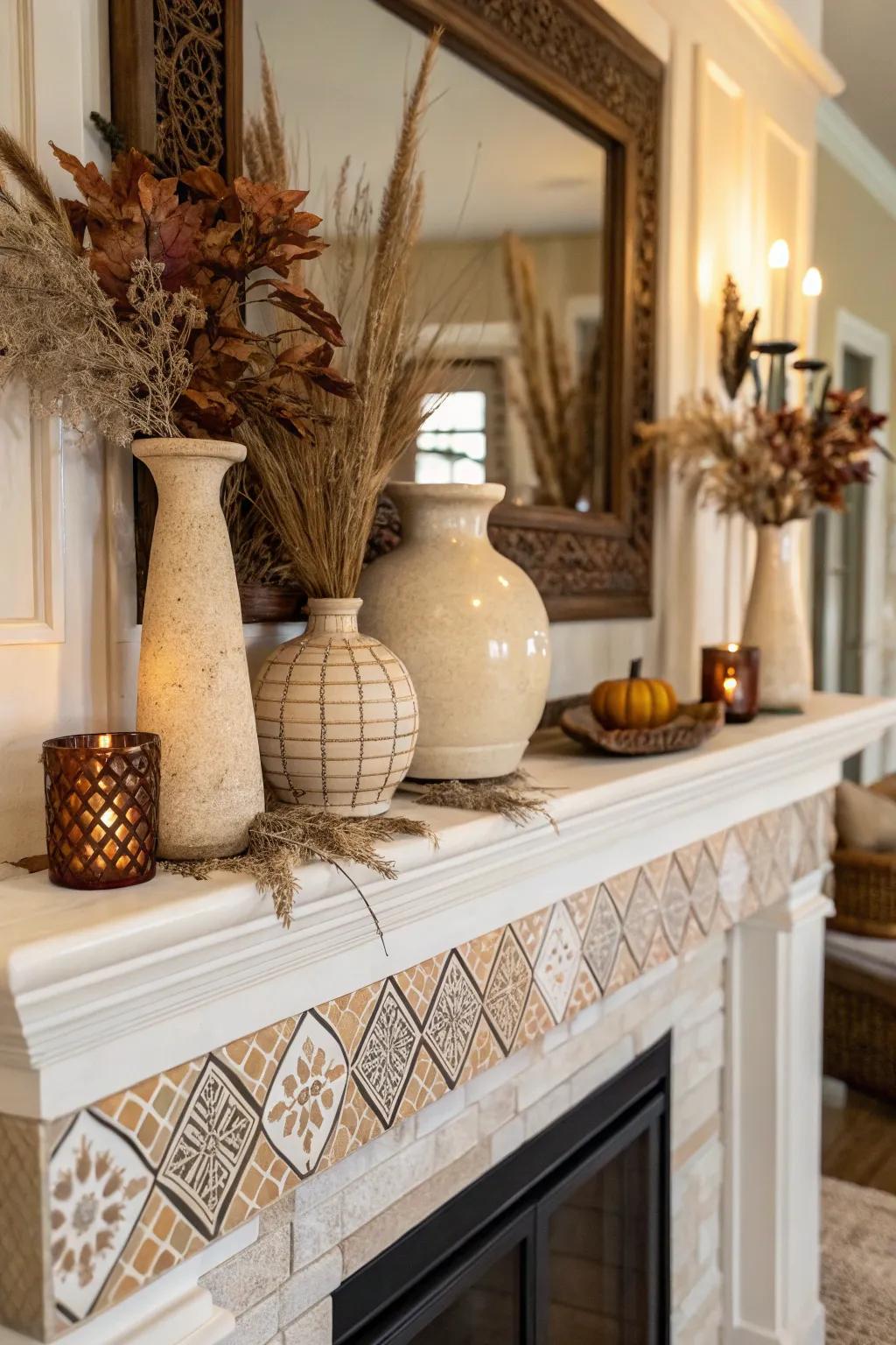 A mantel adorned in neutral tones that radiates warmth and comfort.