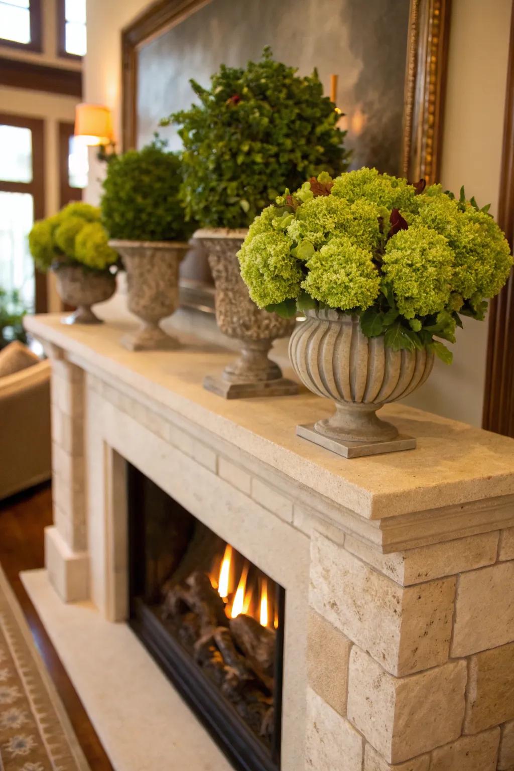 Incorporating plants gives your fireplace décor vitality and freshness.