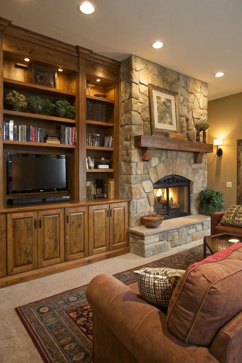 Rustic wood cabinets enrich your fireplace area with warmth and texture.