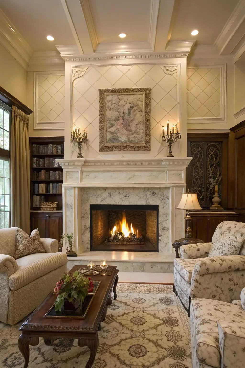 Classic elegance achieved with marble tiles and a traditional mantel.
