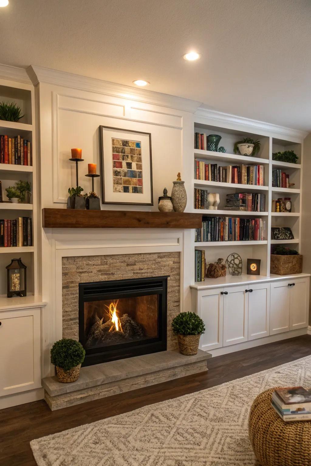 The inclusion of built-in shelving around the fireplace provides added storage and style.