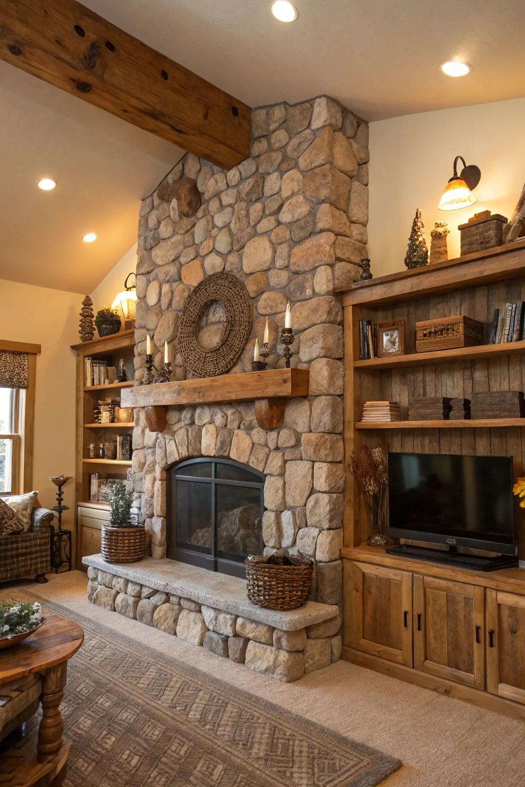 Country allure with timber shelves and an inviting stone hearth.