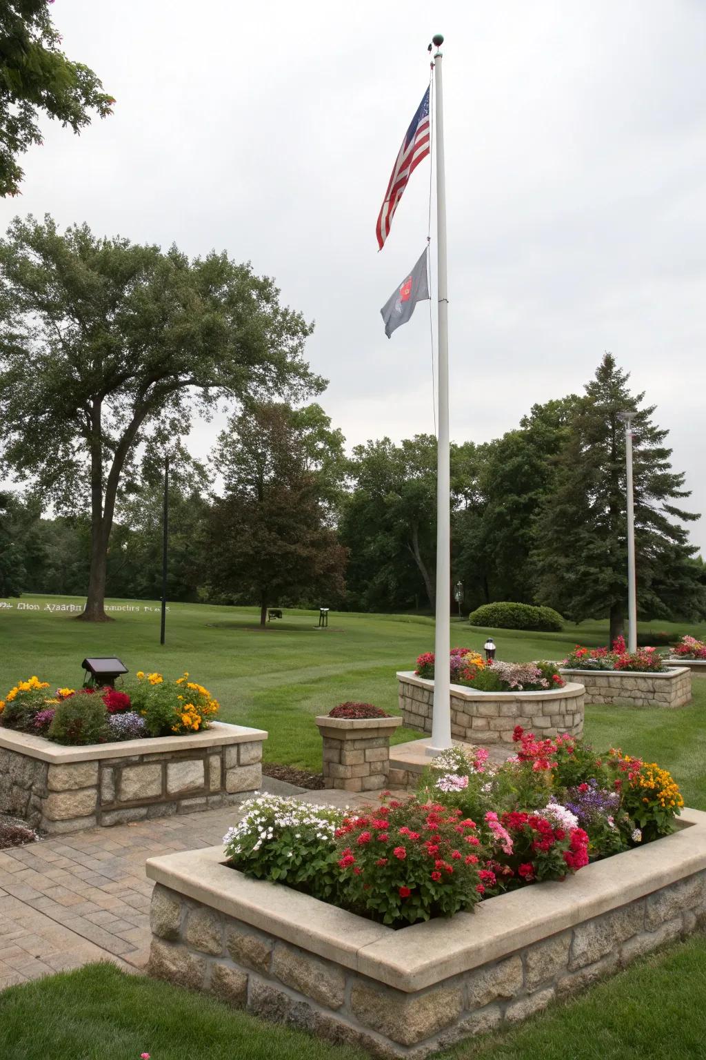 Elevated flower beds impart a structured elegance to a freedom pole setup.
