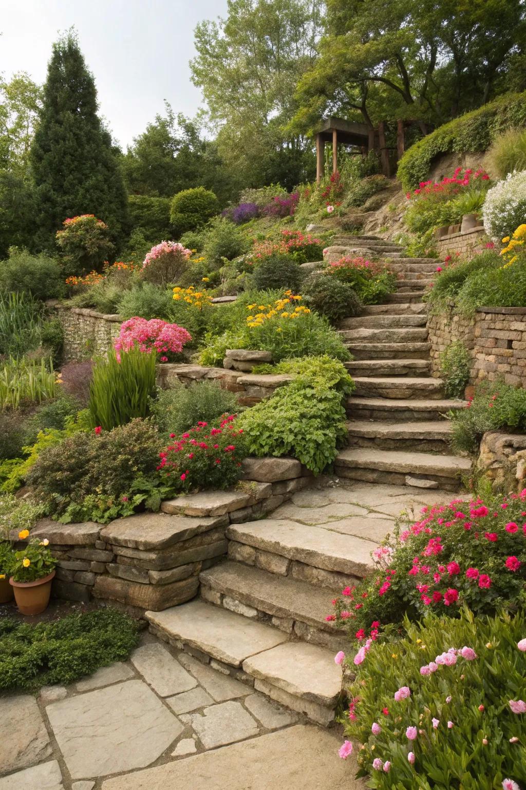 Flagstone terraces creating levels in a lush garden.
