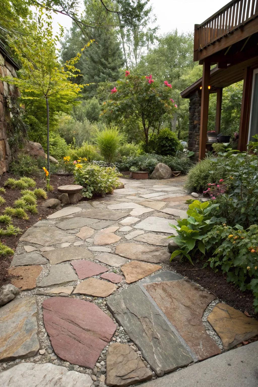 A rustic flagstone patio featuring an organic design.