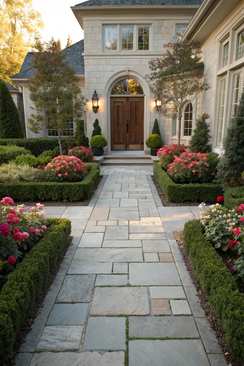 A welcoming sandstone pathway leading toward an inviting home entrance.