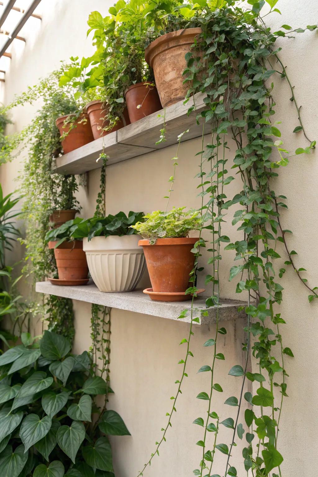 A stunning indoor garden created with floating shelves and greenery.