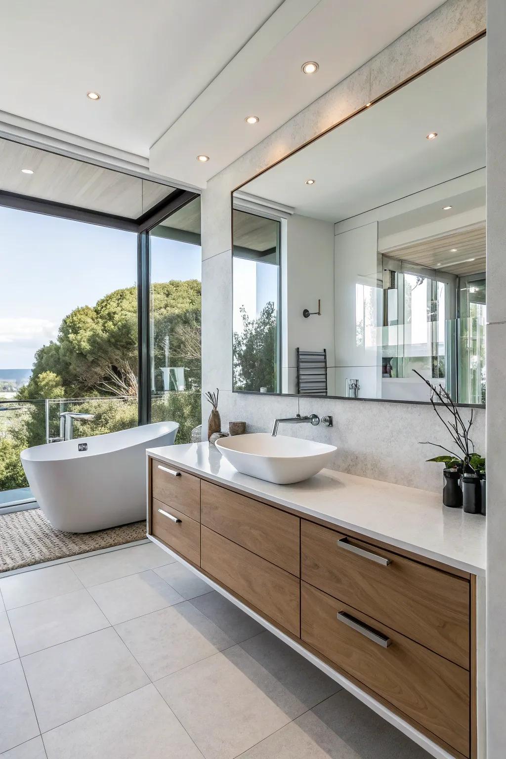 A bathroom showcasing a mounted vanity with modern steel fittings and a contemporary layout.