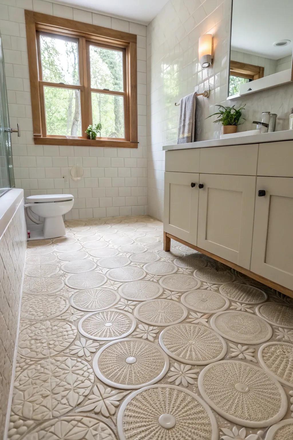 Textured squares increase safety and flair to washroom floors.