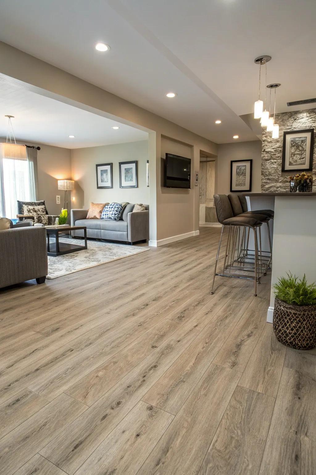 Light wood-look vinyl flooring makes your basement more spacious.