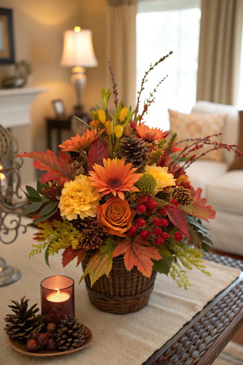 A seasonal floral centerpiece showcasing autumn colors on a table.