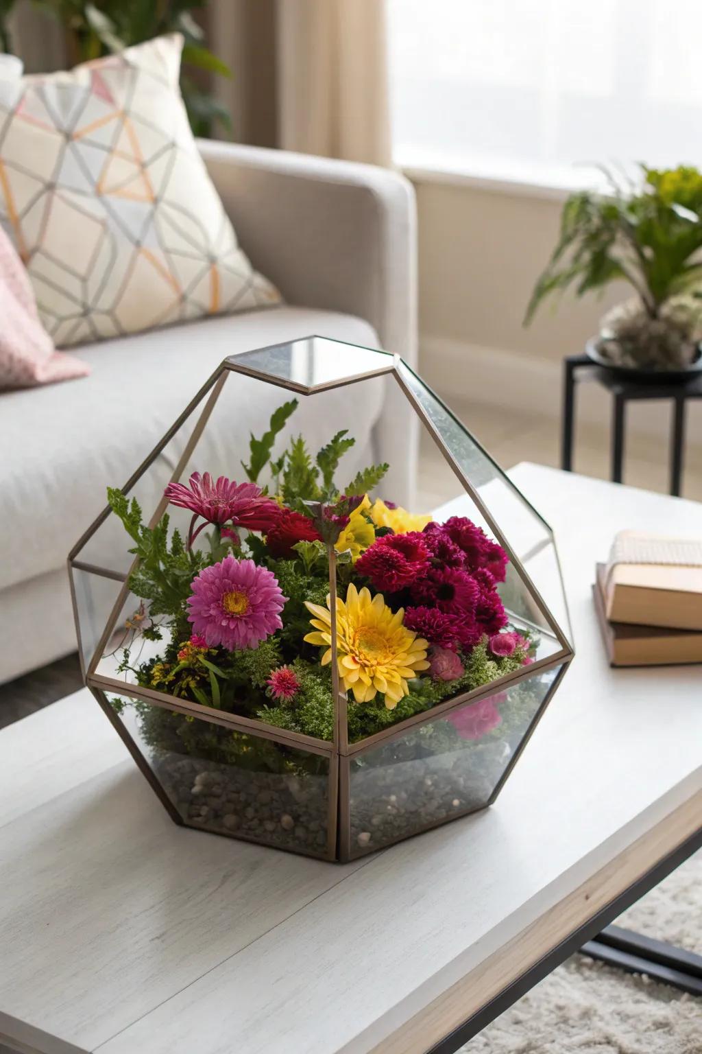 Angular glass habitats: ideal for a contemporary floral presentation.