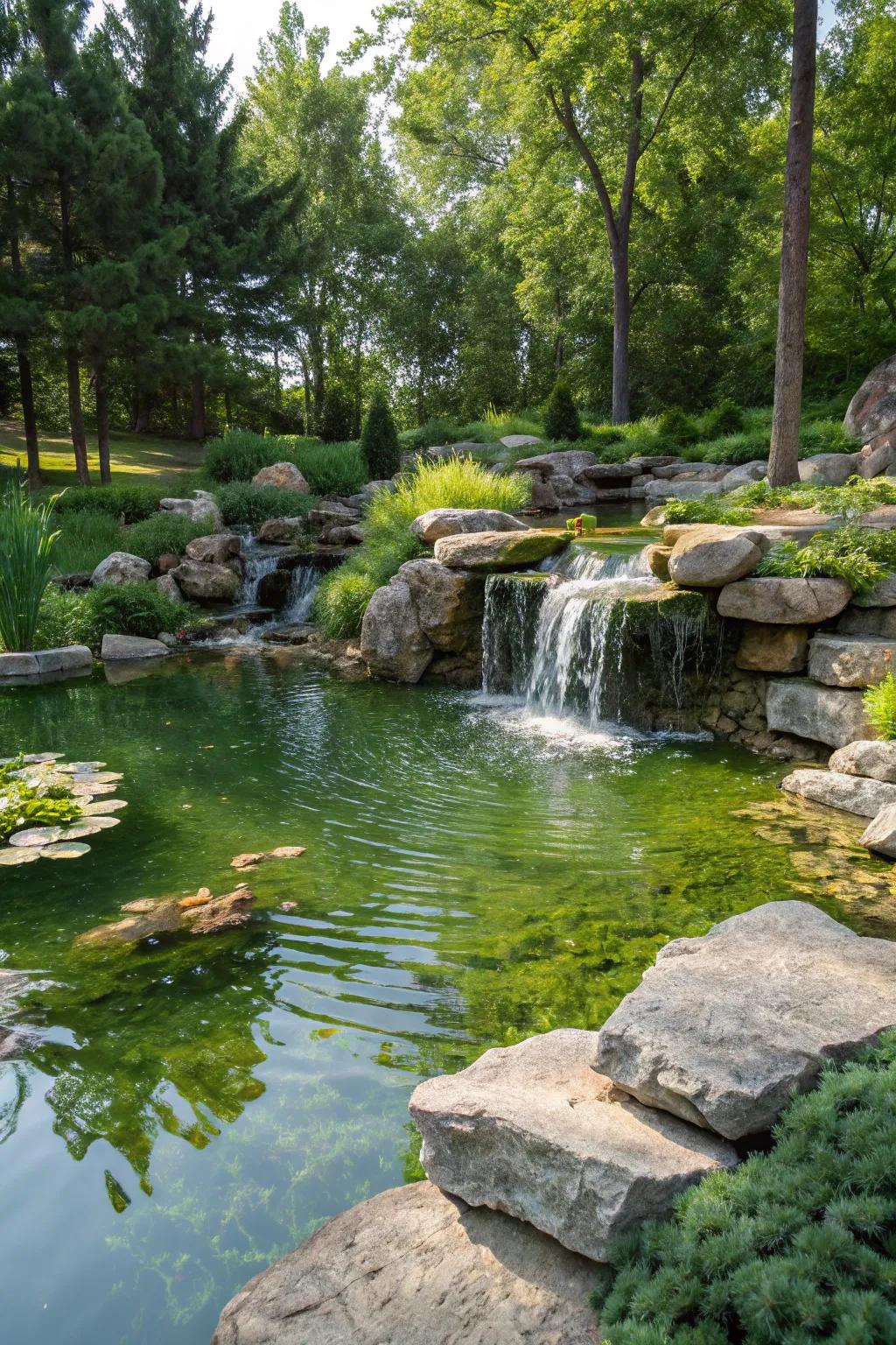 A calming water display that improves the garden's natural appeal.