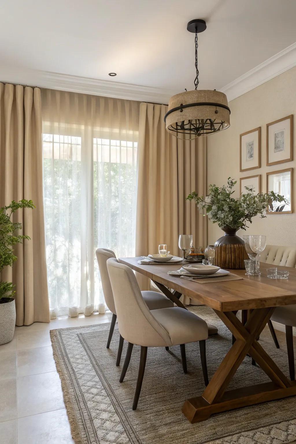 Soft light brown drapes establish a classic and classy dining environment.