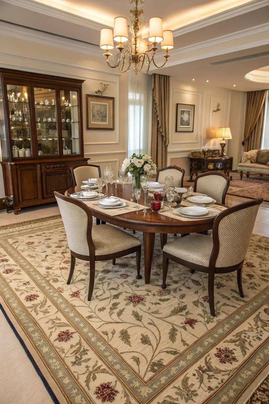 A carefully chosen floor covering can define and add warmth to your dining area.