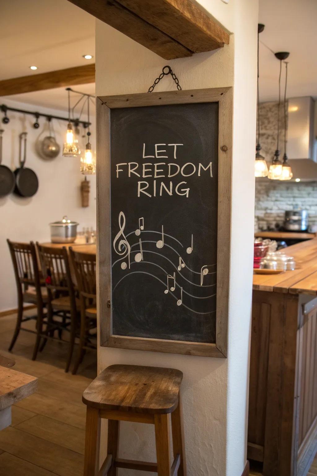 'Unleash Freedom's Sound' chalkboard art with musical elements.