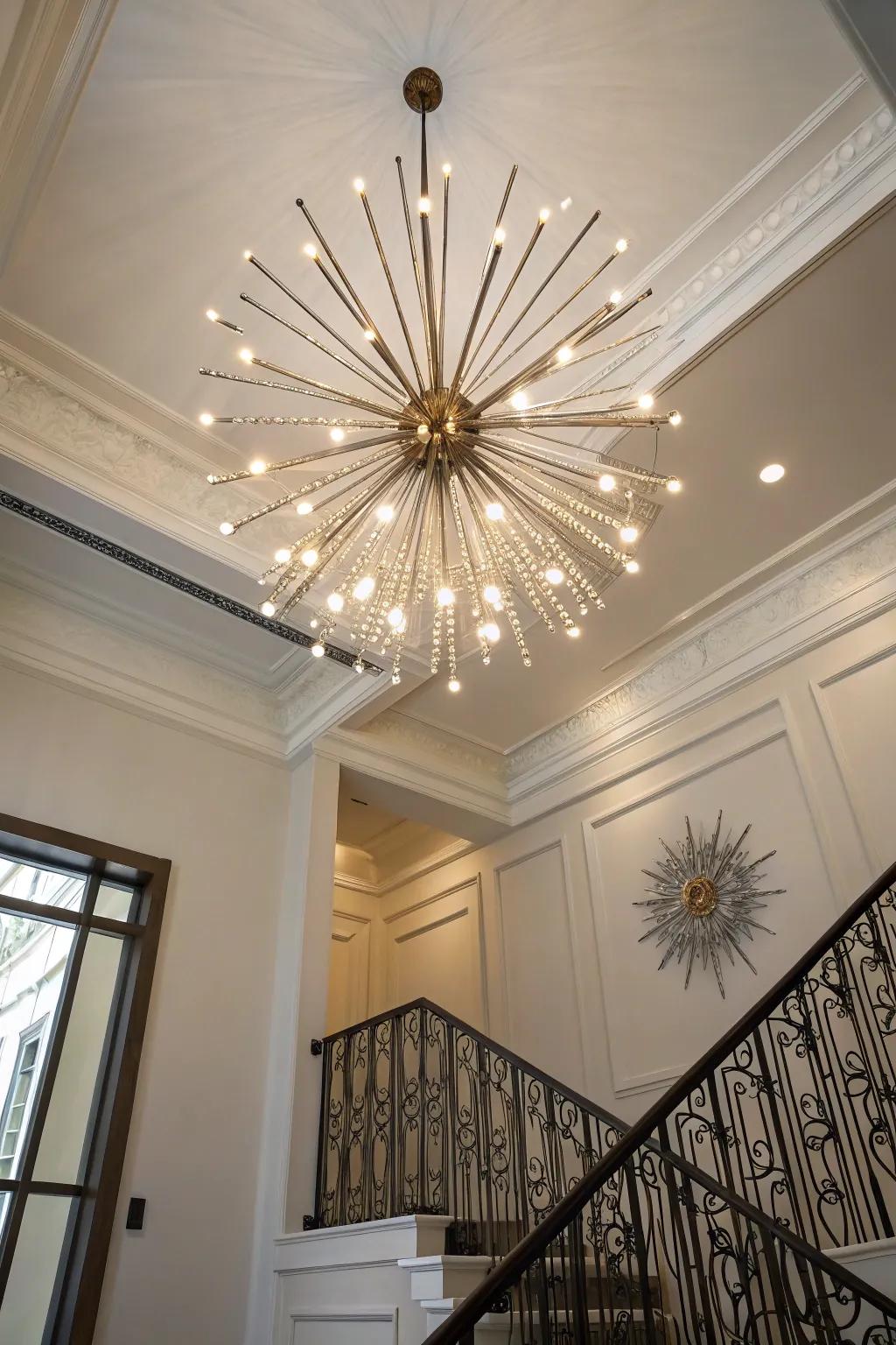 A stellar burst chandelier bestows a lively, artistic impression within this entryway.