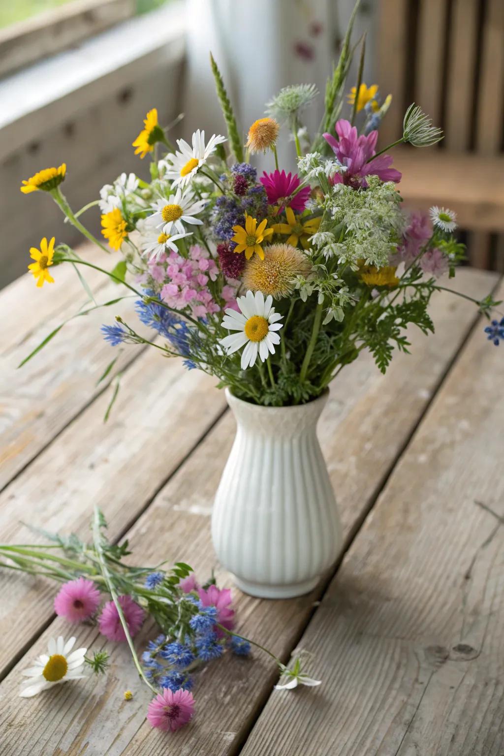 A vase filled with new wildflowers delivering a hint of nature inside.
