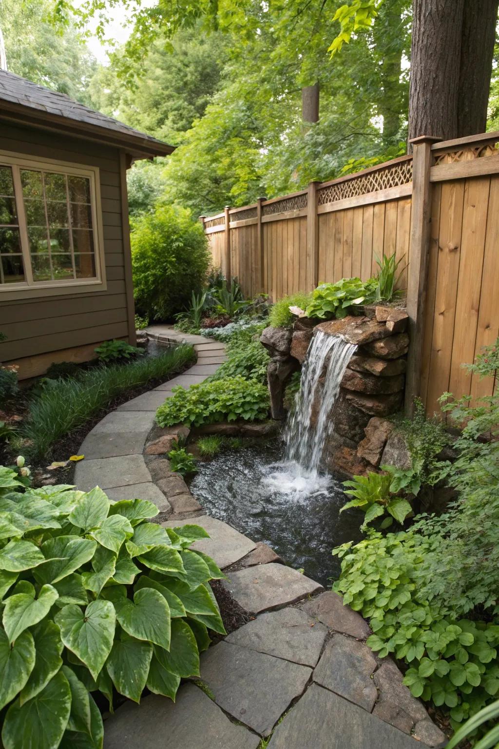 A tranquil waterfall feature disguising a French drain in a green haven.