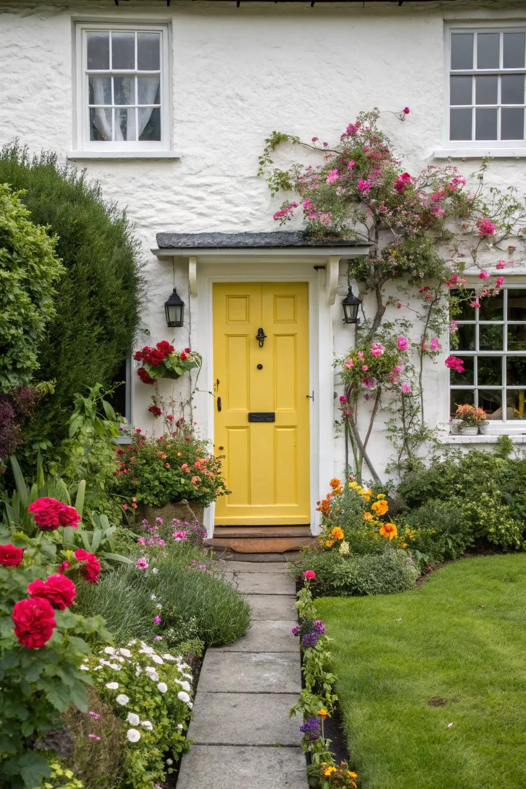 A happy yellow door gives a warm, happy welcome.