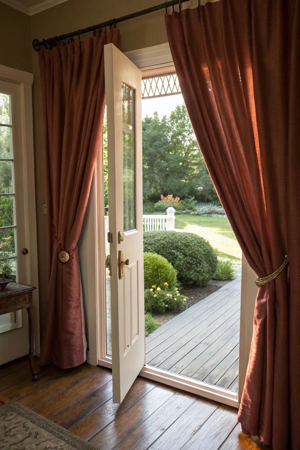 Substantial curtains delivering warmth and coziness at the front door.