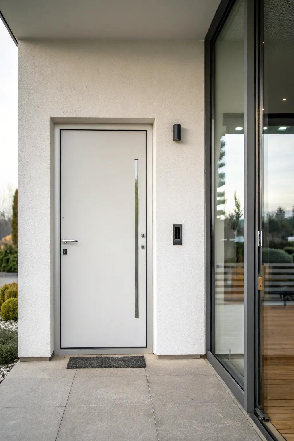 A minimalist metal door with a narrow vertical sidelight for modern elegance.