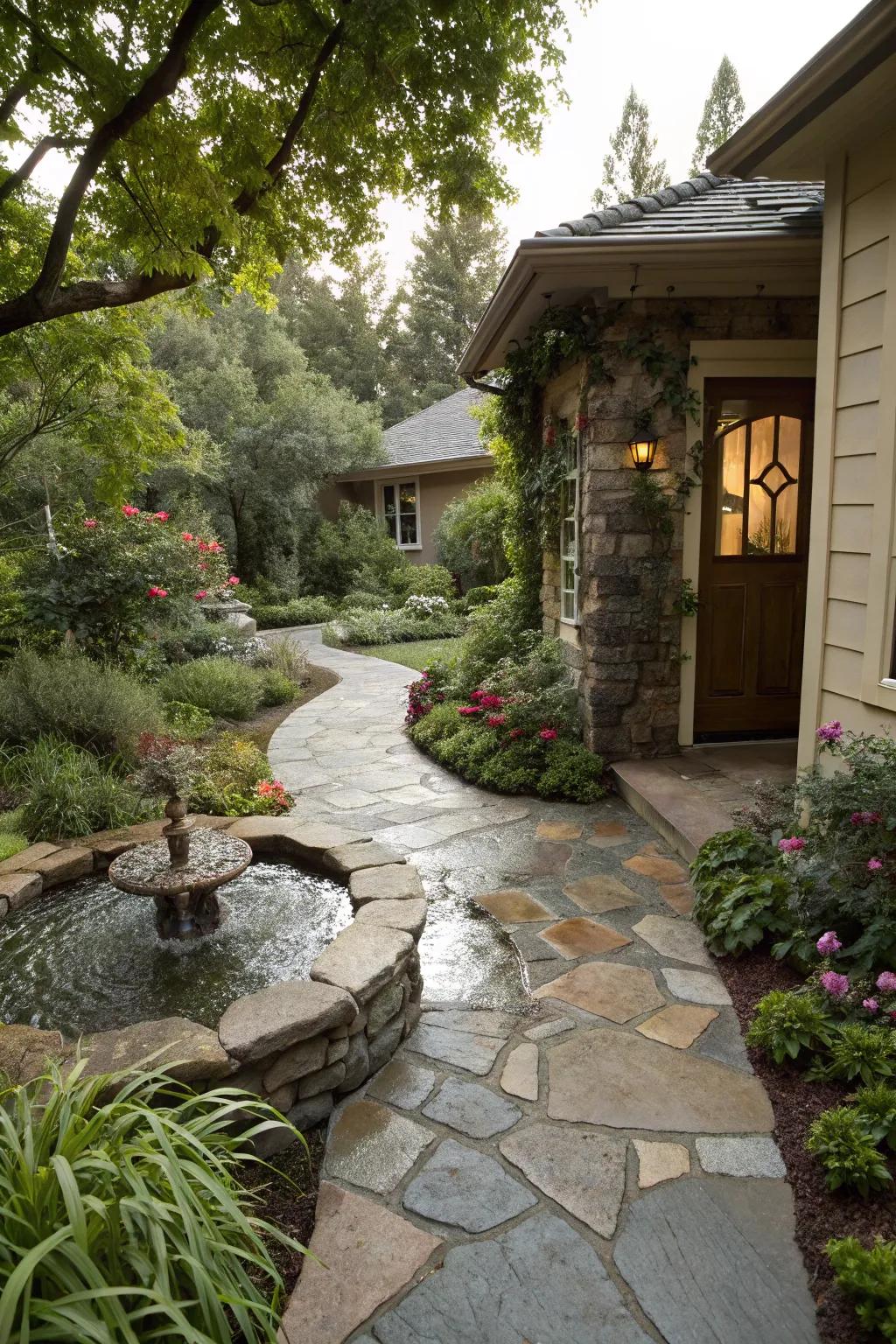 Natural stone pavers bring an elegant and grounded entry.
