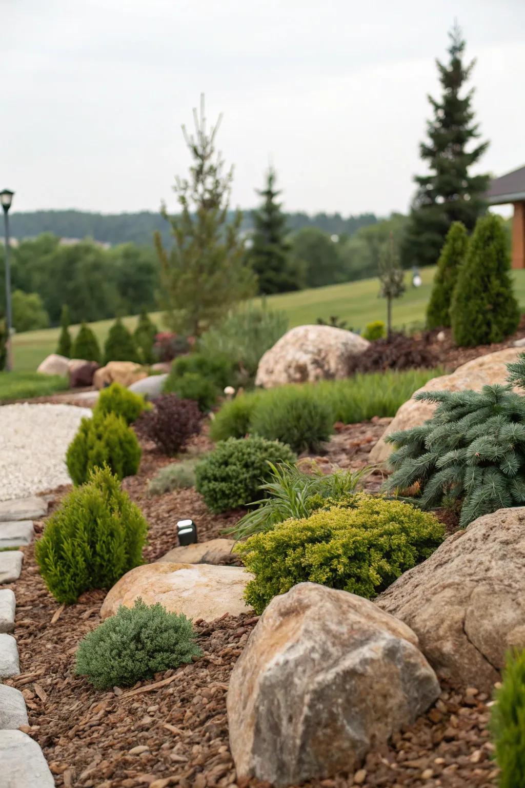 A landscaped garden with rocks and mulch for texture.