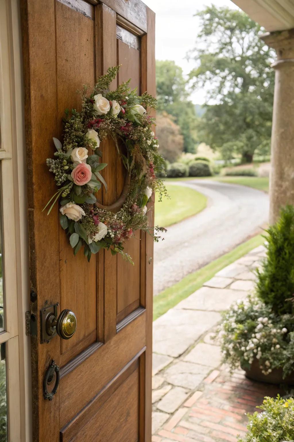 A front door beautified with a seasonal blooming wreath.