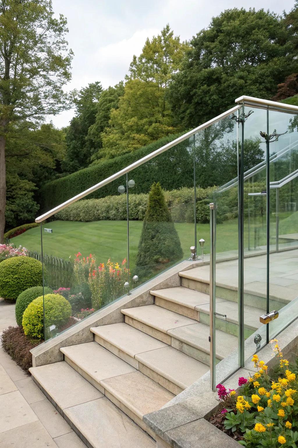 Crystal banisters provide unobstructed views and modern charm.