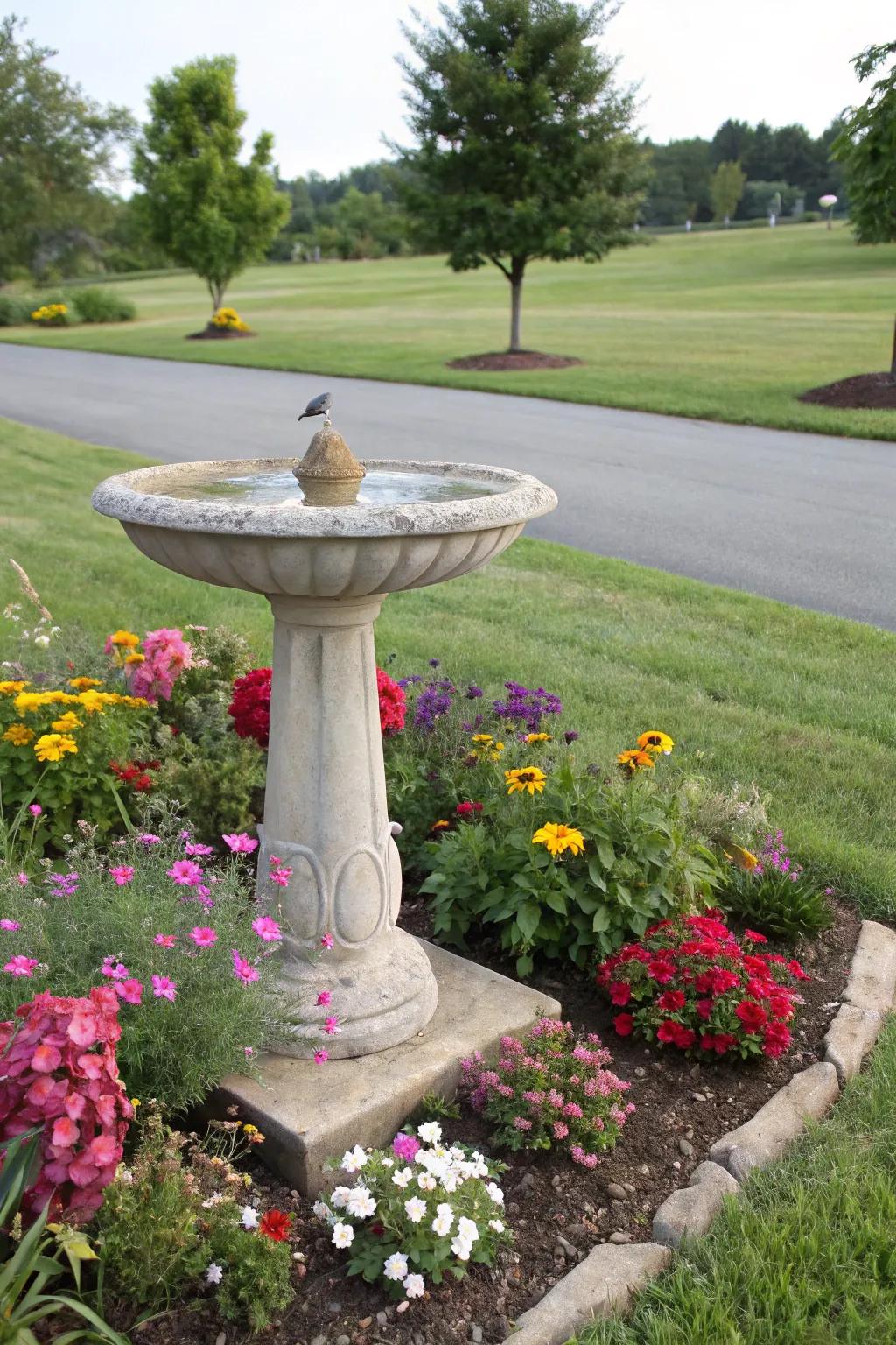 A bird bath nestled in a vibrant, colorful corner garden.